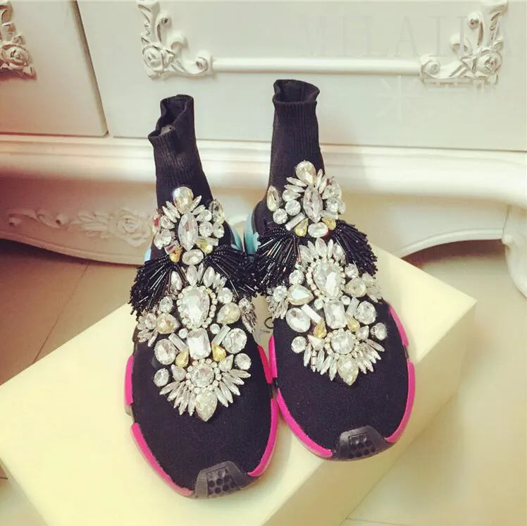 Crystal Sock Sneaker Shoes Women Shoes With Crystals Rhinestone Sock Shoes Fashion Sneakers Women Short Boot Shoes WK85