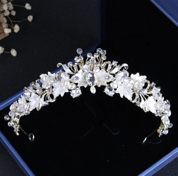 Baroque Vintage Gold Color Crystal Pearl Costume Jewelry Sets Rhinestone Choker Necklace Earring Tiara Crown Wedding Jewelry Set