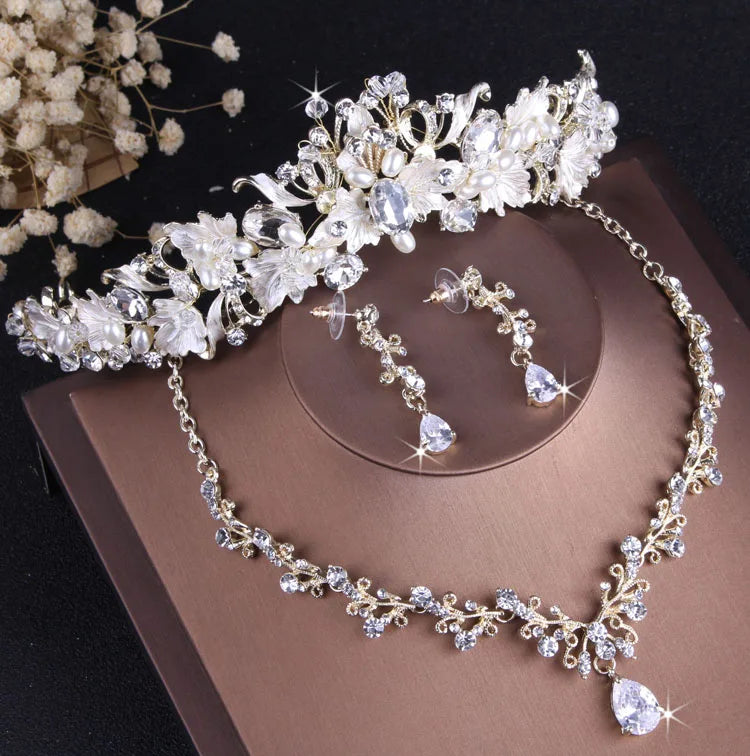 Baroque Vintage Gold Color Crystal Pearl Costume Jewelry Sets Rhinestone Choker Necklace Earring Tiara Crown Wedding Jewelry Set