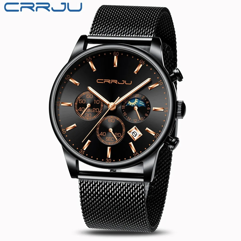 Relogio Masculino CRRJU Luxury Quartz Watch for Men Blue Dial Watches Sport Watches Chronograph Clock Mesh Belt Wrist Watch