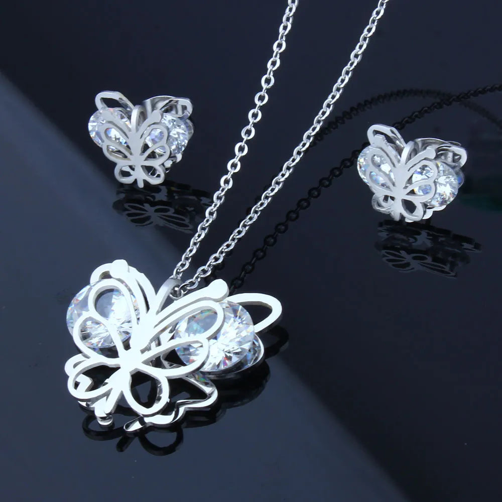 XUANHUA Butterfly Jewelry Sets Zirconia Stainless Steel Jewelry Woman Earring Necklace Sets Gifts for Women Fashion Jewellery