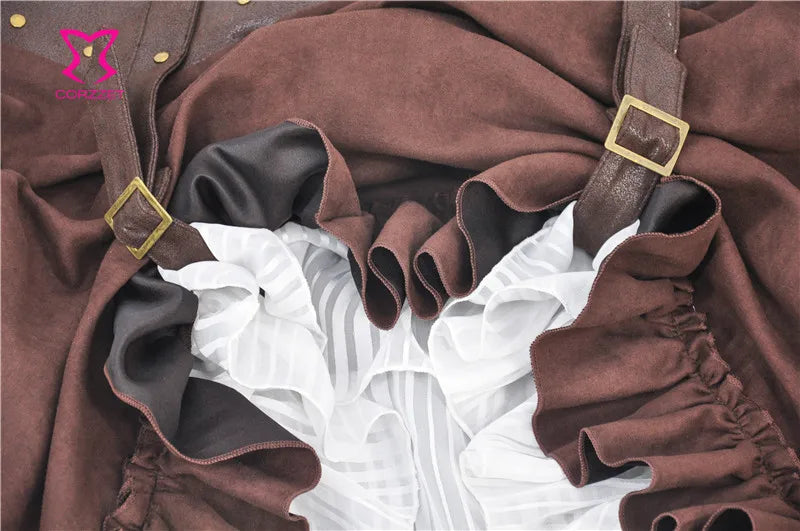Steampunk Skirt Women Sexy Brown Leather Long Asymmetrical Ruffle Medieval Victorian Gothic Punk Skirts Lolita Ladies Skirts