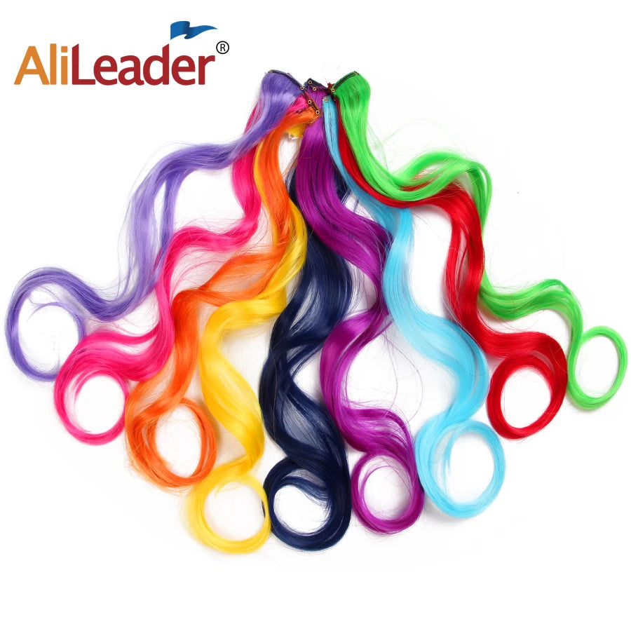Party Hair Extensions Body Wave Ombre Hairpiece Synthetic Fiber Straight Strands Hair on Hairpins Rainbow Blend in Your Hair