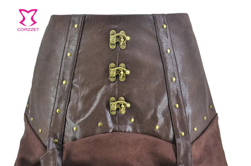 Steampunk Skirt Women Sexy Brown Leather Long Asymmetrical Ruffle Medieval Victorian Gothic Punk Skirts Lolita Ladies Skirts
