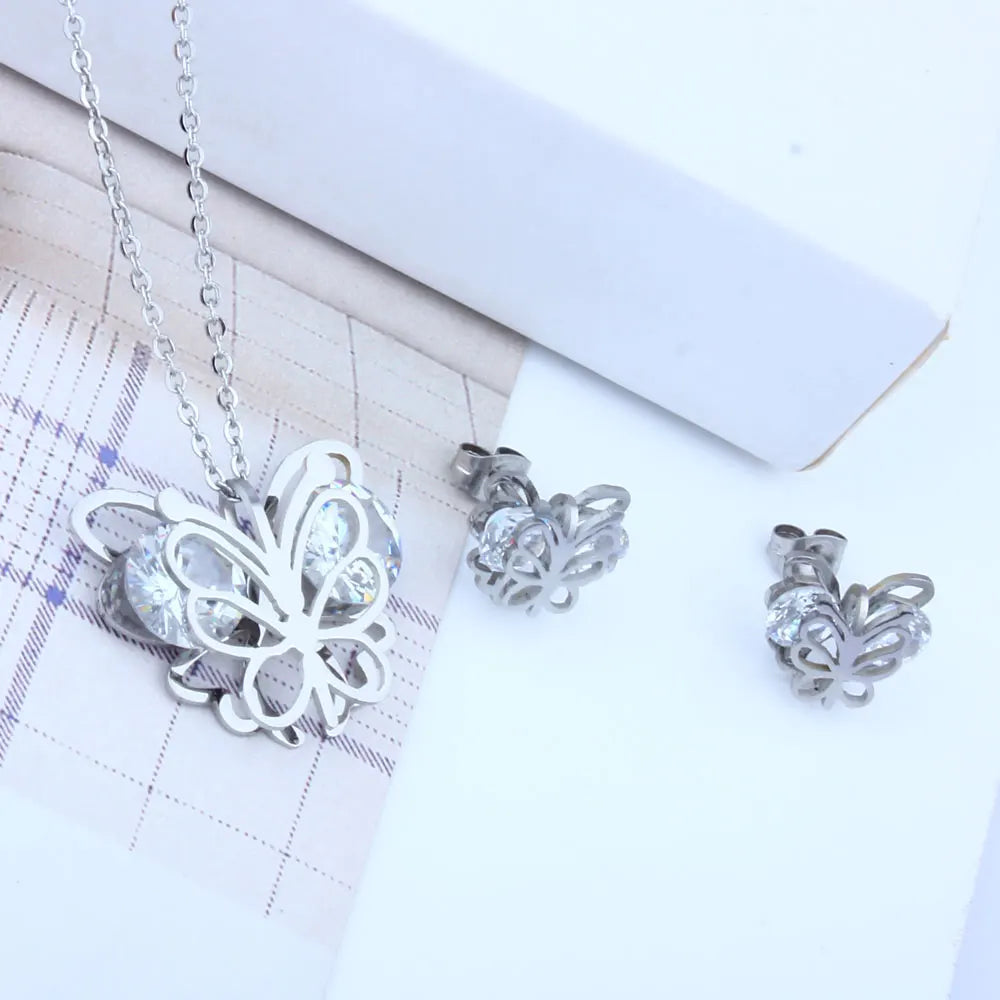 XUANHUA Butterfly Jewelry Sets Zirconia Stainless Steel Jewelry Woman Earring Necklace Sets Gifts for Women Fashion Jewellery