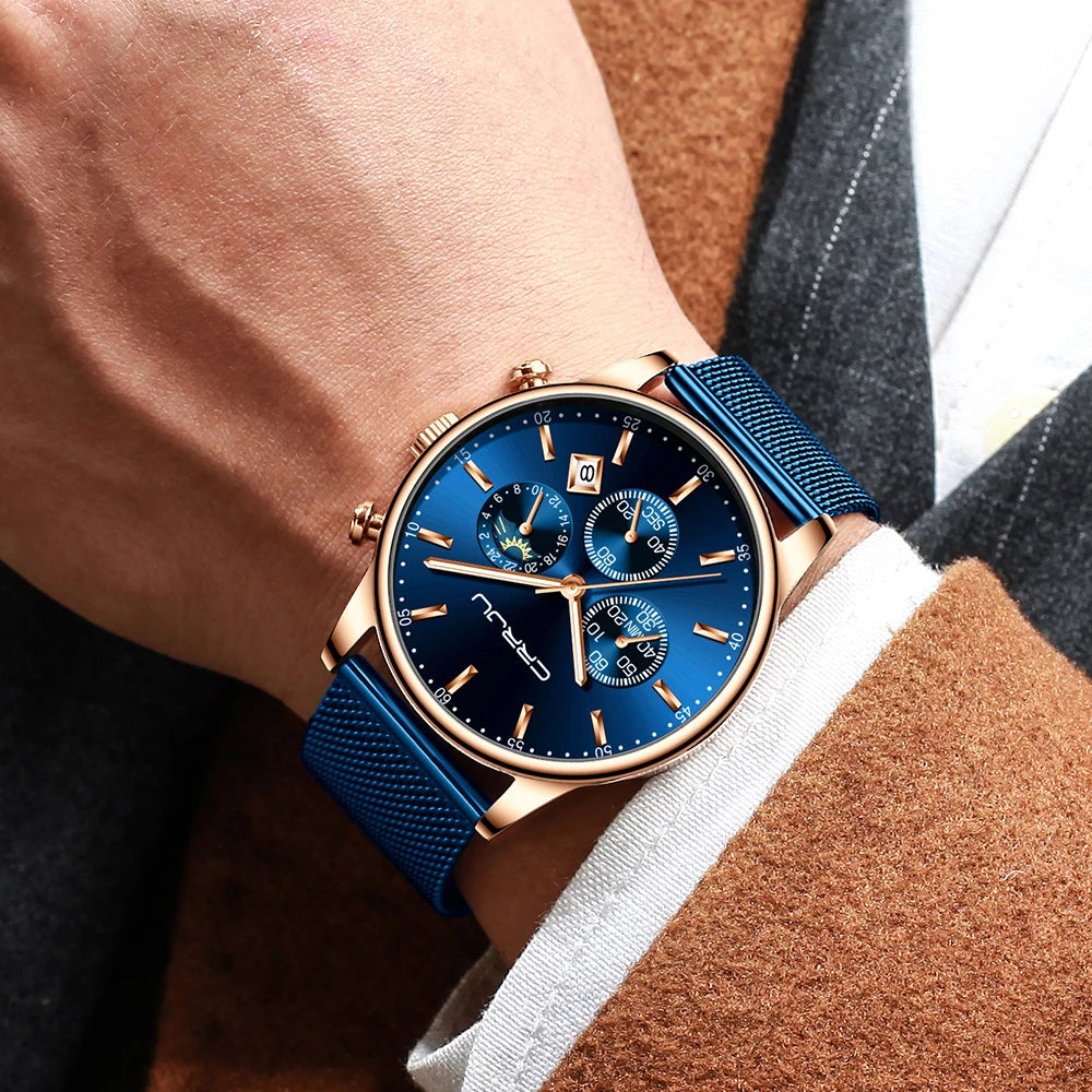 Relogio Masculino CRRJU Luxury Quartz Watch for Men Blue Dial Watches Sport Watches Chronograph Clock Mesh Belt Wrist Watch