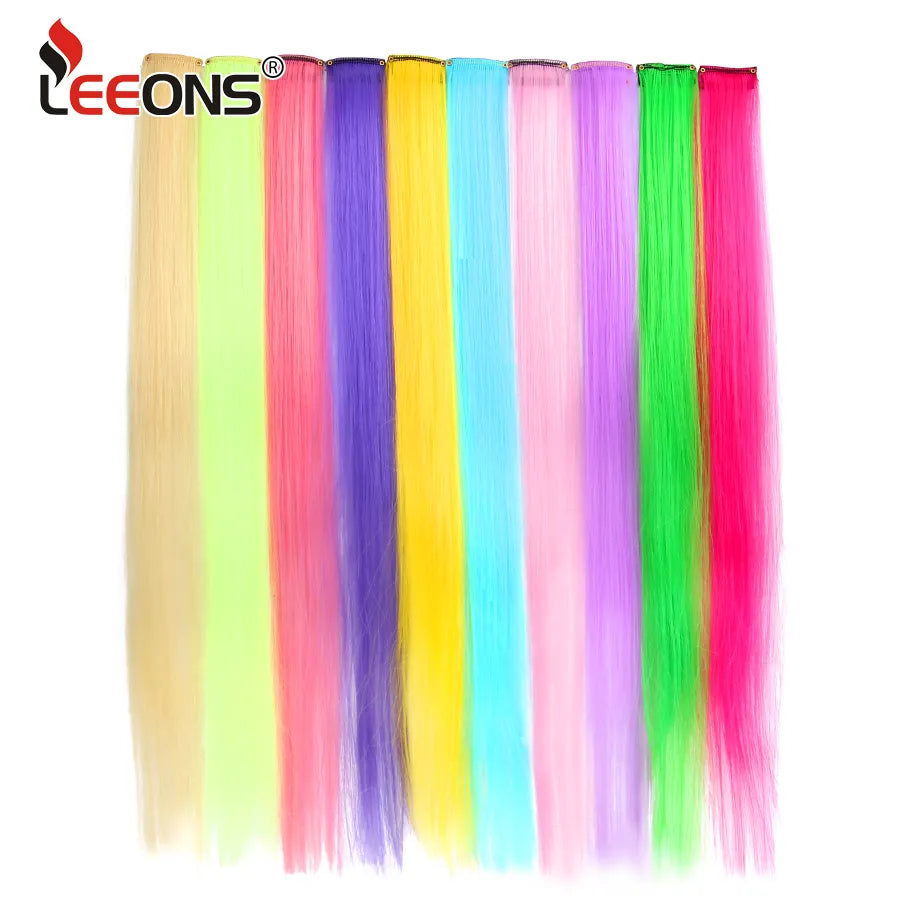 Leeons Clip in One Pieces Hair Extensions Straight Ombre Purple Blue Pink Extension Hair Women Synthetic False Fake Hair