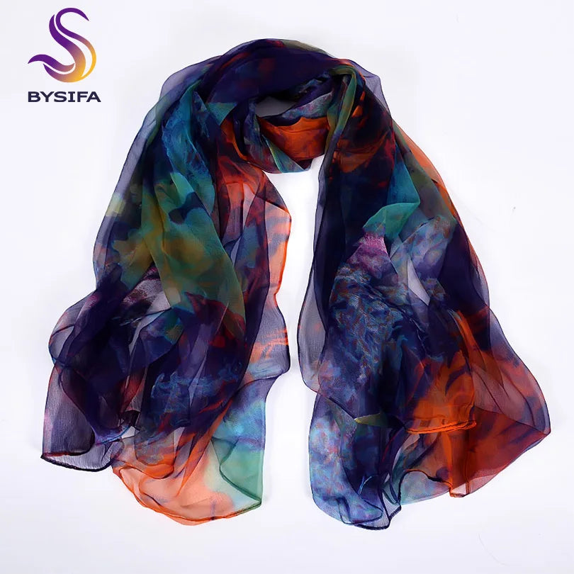 [BYSIFA] Ladies Silk Scarf Shawl New Long Scarves Fashion Brand Scarves Elegant Purple Blue Neck Scarf Beach Shawl Cover-Ups