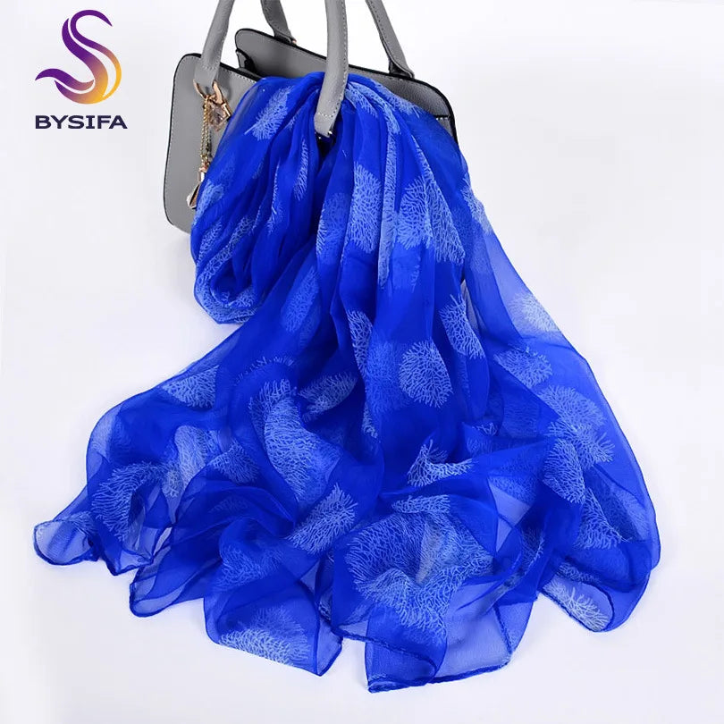 [BYSIFA] Ladies Silk Scarf Shawl New Long Scarves Fashion Brand Scarves Elegant Purple Blue Neck Scarf Beach Shawl Cover-Ups