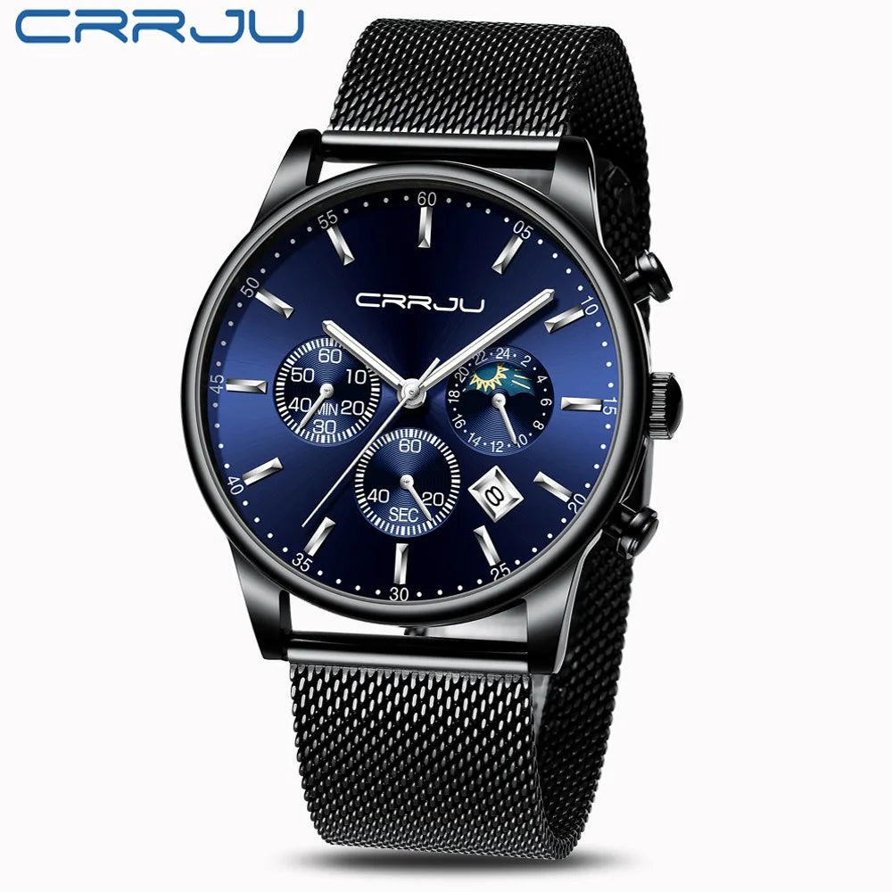 Relogio Masculino CRRJU Luxury Quartz Watch for Men Blue Dial Watches Sport Watches Chronograph Clock Mesh Belt Wrist Watch