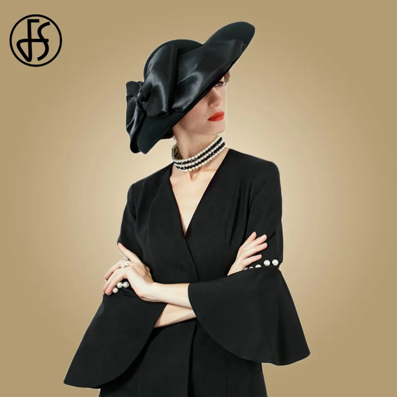 FS Women Black Hat Large Wide Brim Wool Felt Fedoras Hats Winter Church Hat for Wedding Bowler Cloche Hats Derby Sombrero Mujer