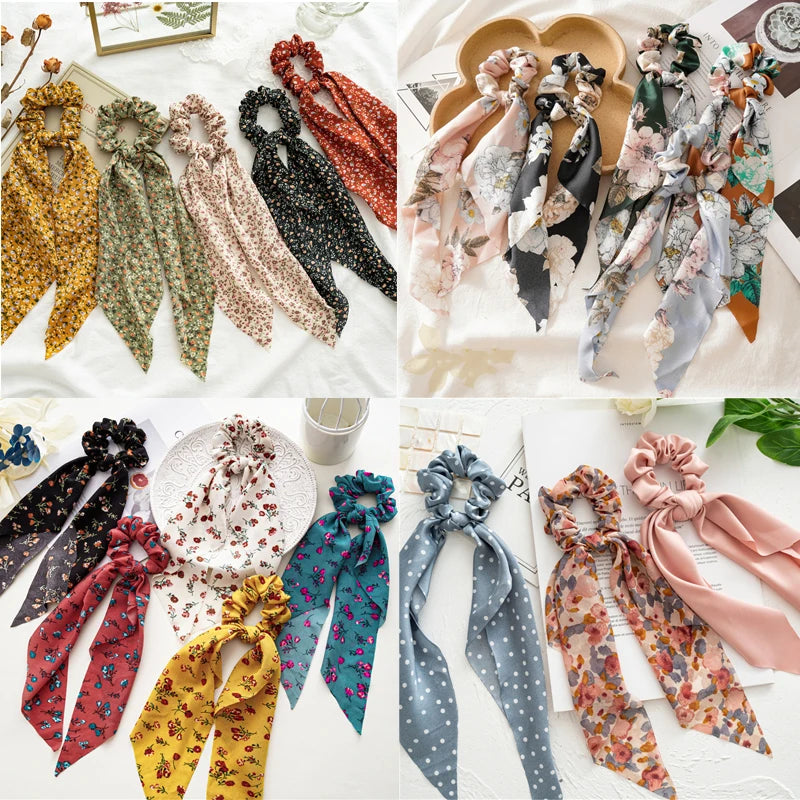 New Fashion Print Bow Scrunchies Hair Ribbon for Women Elastic Hair Band Girls Horsetail Hair Ties Hair Accessories