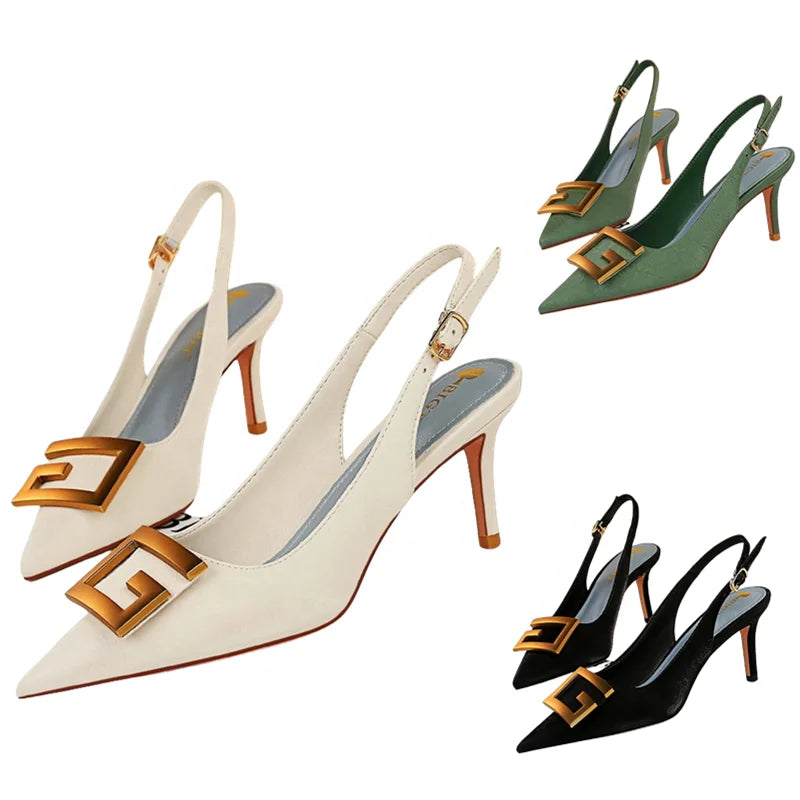 8999-5 High Heels Shoes for Women Shallow Pointed Hollow Back Metal Square Buckle Thin High Heel Sandals Heels for Ladies