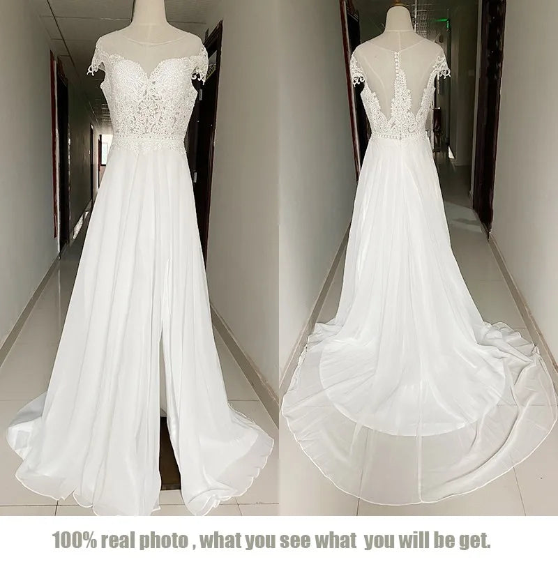Sexy Off the Shoulder High Slit Light Wedding Dress 2021 Lace Boat Neck A-Line With Train Luxury Wedding Dresses Robe De Marie - My Store