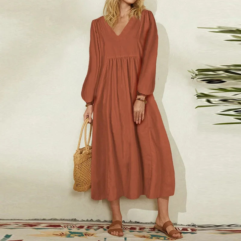 Women Clothing New Casual Dresses Fashion Cotton and Linen Loose Lantern Sleeve Womens Dresses Dress