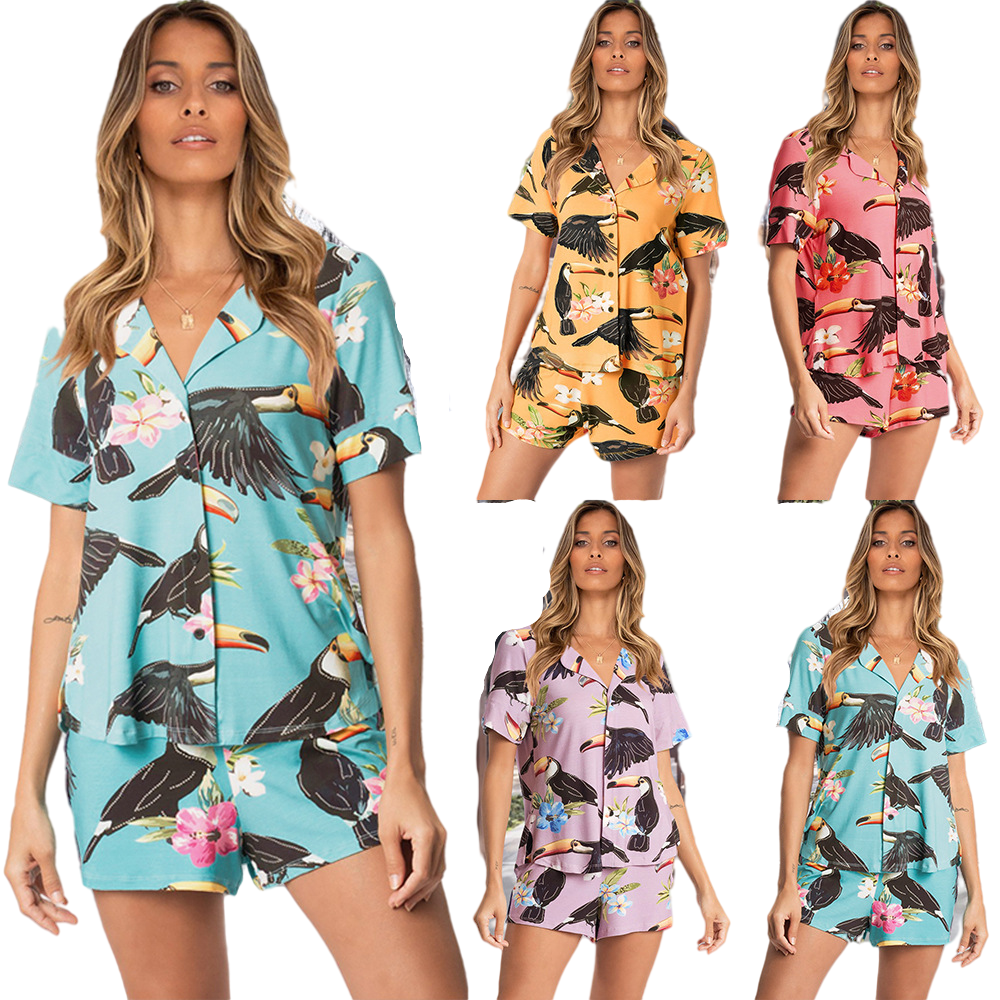 Wholesale Satin Pajamas Summer Print Casual Two Piece Night Pajama Suit Silk Sleep Wear Pajama for Women