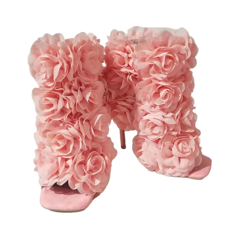 Ubililia Luxury Stiletto Women Heels Open Square Toe Flower Sandal Boots Ladies Fashion Heel Peep Toe Booties Sandals High Heels