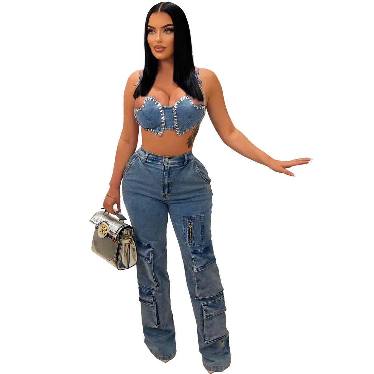 Streetwear Women's Jean Pants Straight Blue Ladies Denim Cargo Trousers Woman 6 3D Pockets Cargo Jeans Wide Leg Jeans for Women