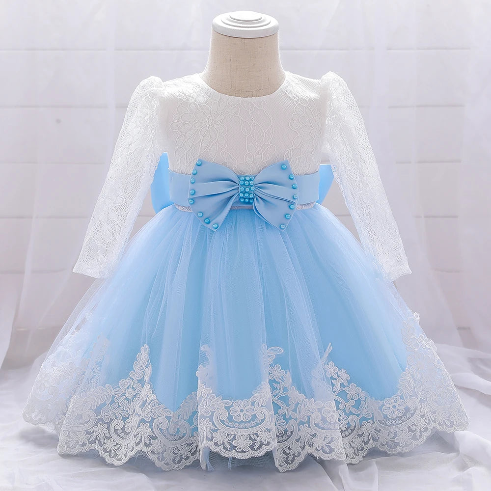 Baby Girl Dresses Party and Wedding Newborn Girl Long Sleeve Lace Dresses With Big Bow Infant Girl 1st Birthday Princess Dress - My Store