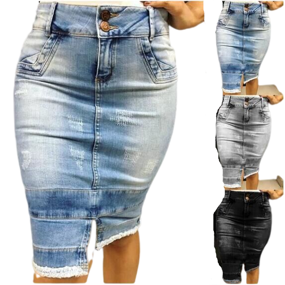 New Arrival Women's High-Waisted Jeans Short Skirt Plus Size Girls Jean Skirts Sexy Hole Hip Jeans Skirt