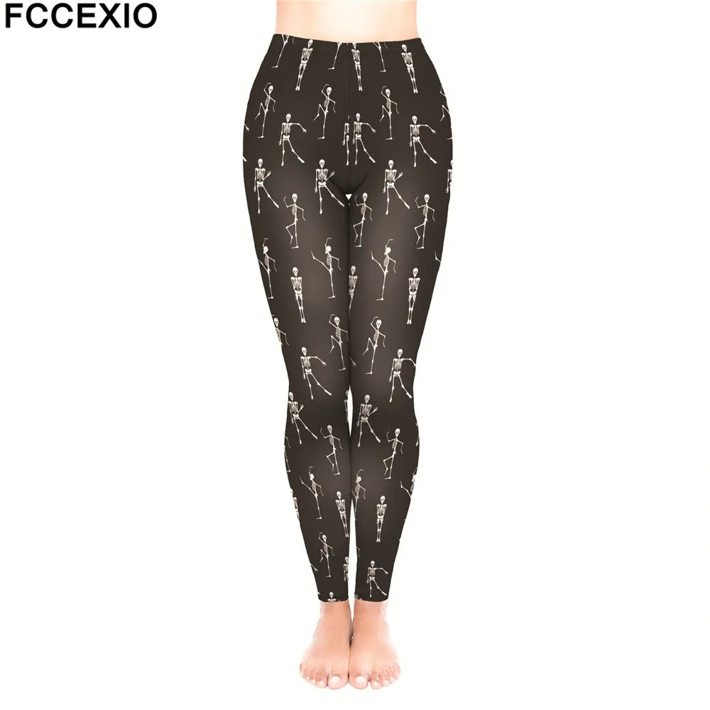 FCCEXIO New Brand 3D Printed Retro Bones Black Skeleton Sexy Women Casual Punk Rock Leggins High Waist Pants Fitness Leggings
