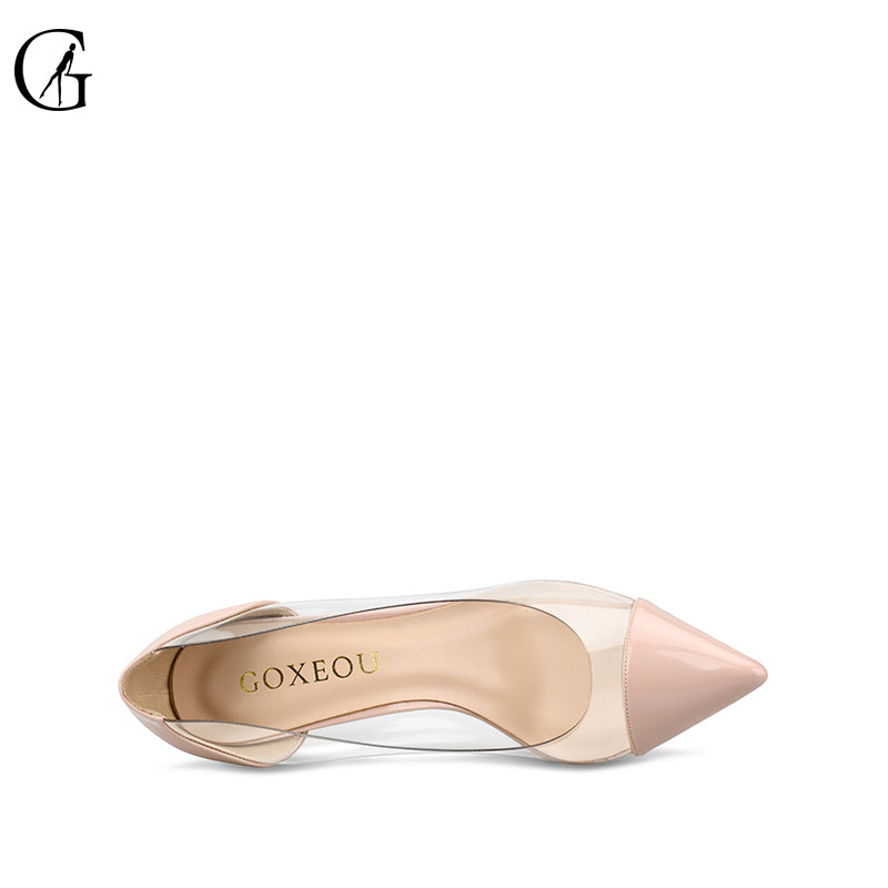 Goxeou Women Fashion High Heels Pumps Transparent Side Straight Heel Thin Heels Pointed Red Black White Nude Factory Price Fast