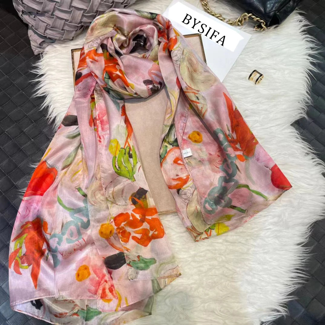 White100% Silk Scarf Women Scarves Bufandas Summer Beach Shawls Foulard Fall Winter Brand Flower Design Long Neck Scarves Hijabs