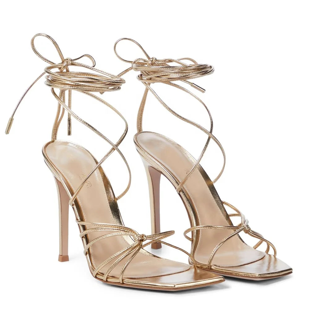 New Arrivals Women Heels 2021 Hot Selling Square Toe Spike Heels Lace Sandals in Gold Pu Leather Women Heel Summer Pumps