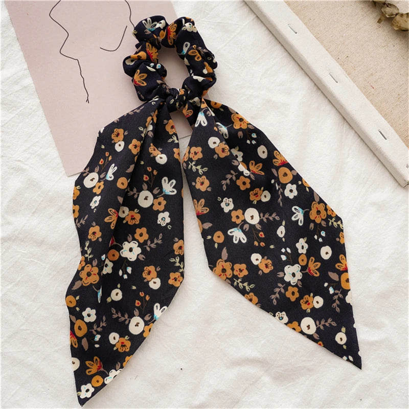 New Fashion Print Bow Scrunchies Hair Ribbon for Women Elastic Hair Band Girls Horsetail Hair Ties Hair Accessories