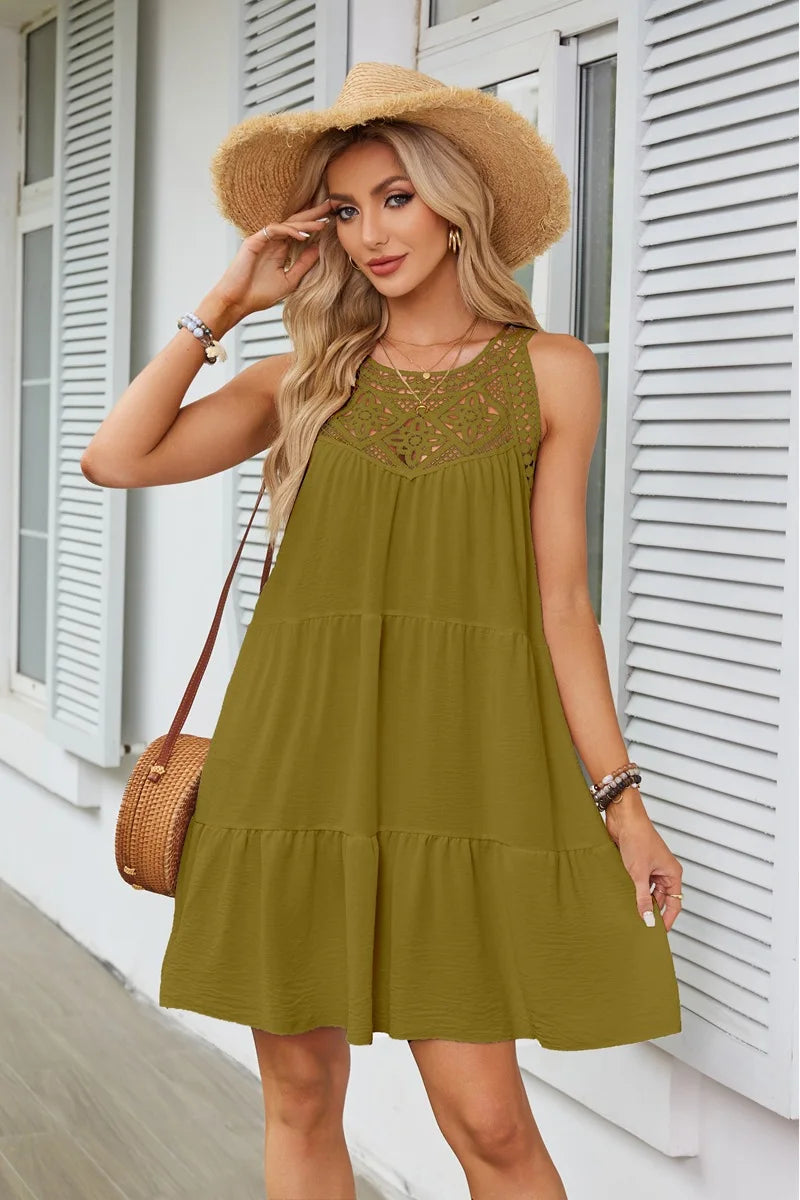 Custom Logo Women's Dresses Hollow Lace Stitching Halter Neck A-Word Dress Casual Dresses