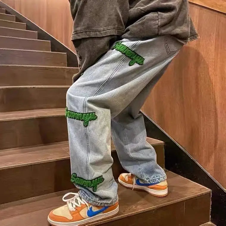Mens Oversized Hiphop Embroiled Baggy Denim Jeans for Mens Sustainable Loose Jeans Casual Softener Knitted Jean