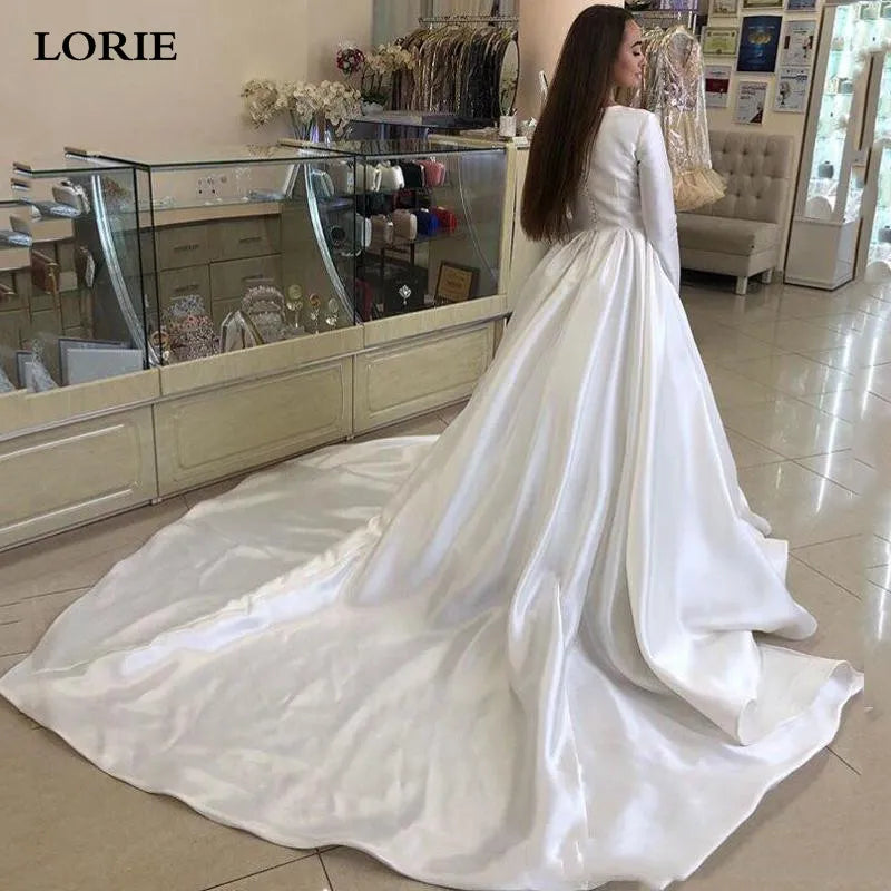 LORIE Princess Wedding Dresses Satin Long Sleeve Muslim Wedding Bride Dress White Wedding Gowns Vestido De Novia Customized - My Store