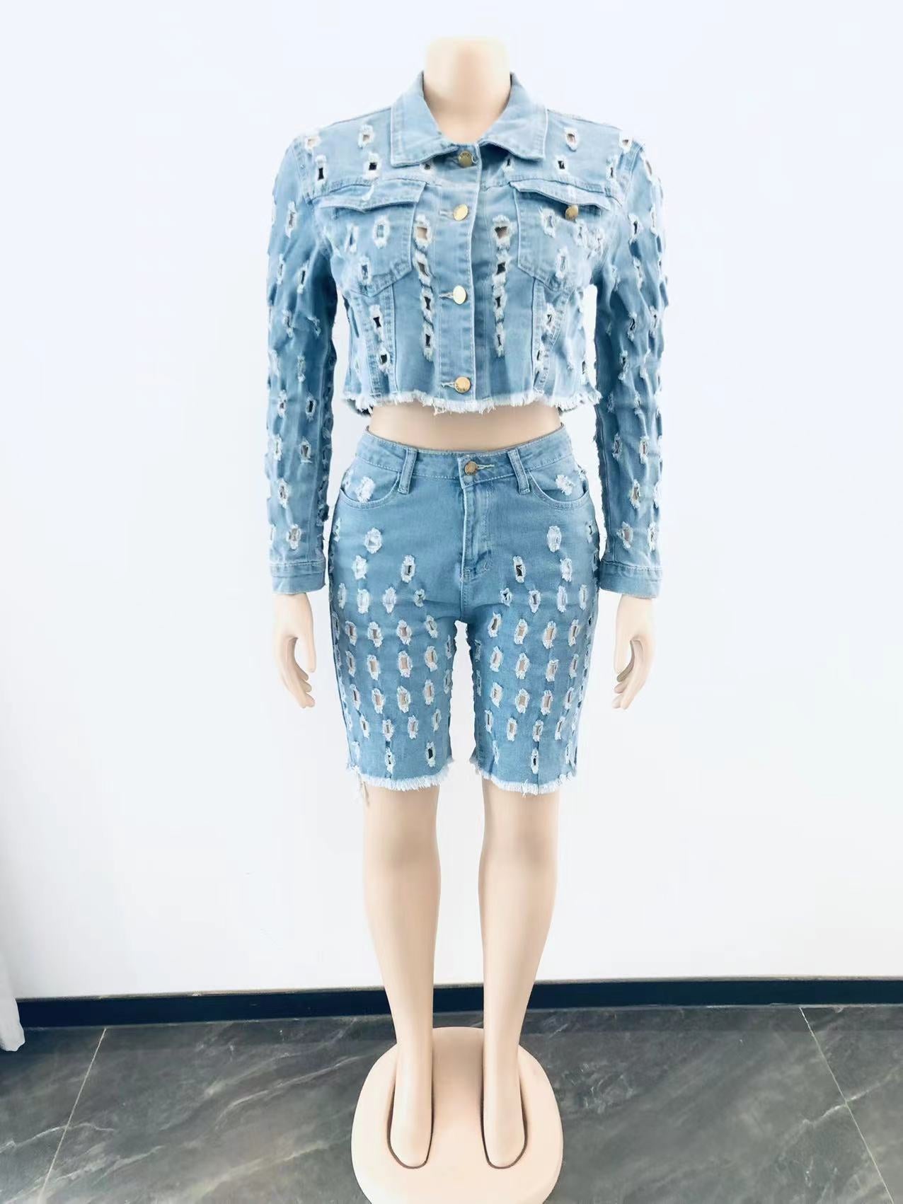 Fall  Women Denim Sets Jeans Jackets Ripped Jeans Women Shorts Sets Two Piece Outfits Denim Jean Sets for Women