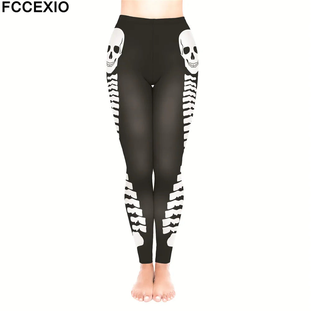 FCCEXIO New Brand 3D Printed Retro Bones Black Skeleton Sexy Women Casual Punk Rock Leggins High Waist Pants Fitness Leggings