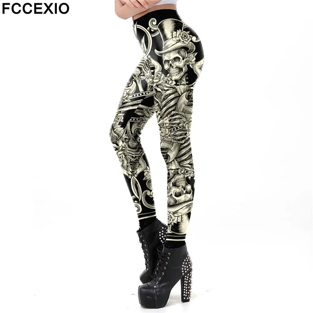 FCCEXIO Fashion Skull New Design Punk Women Legging Gothic Style Lion Retro Vintage Steampunk Leggins Ankle Pants Cosplay Leggin
