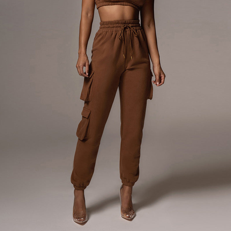 Women's Clothing Fashion Solid Color With Pockets Tie Trousers Sports Pants Casual Cargo Pants