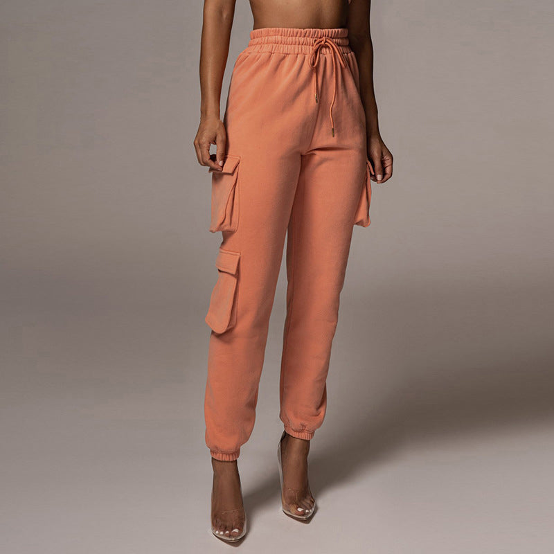 Women's Clothing Fashion Solid Color With Pockets Tie Trousers Sports Pants Casual Cargo Pants