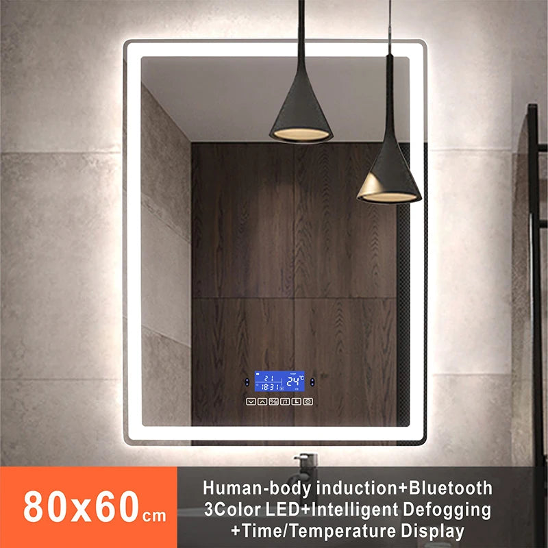 60x80cm Rectangle Bluetooth Smart Bathroom Makeup Mirror With LED Warm White Light Human Body Induction Anti-Fog Beauty Mirrors