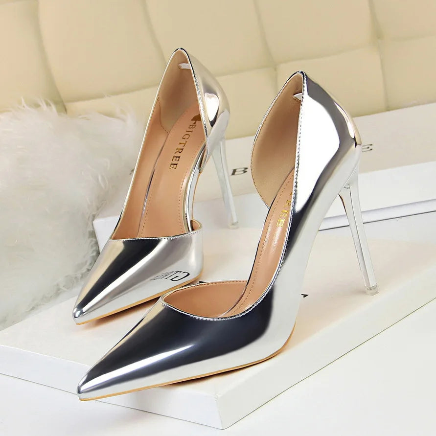 High Heels Simple Stiletto Metal Heel High Heel Shallow Pointed Toe Side Hollow Sexy Single Shoes