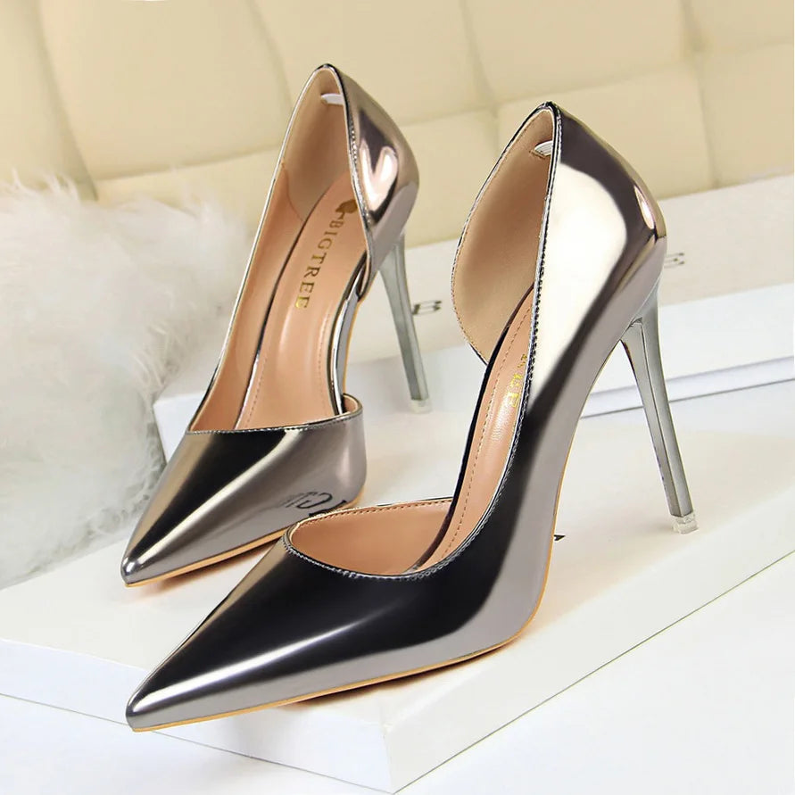 High Heels Simple Stiletto Metal Heel High Heel Shallow Pointed Toe Side Hollow Sexy Single Shoes