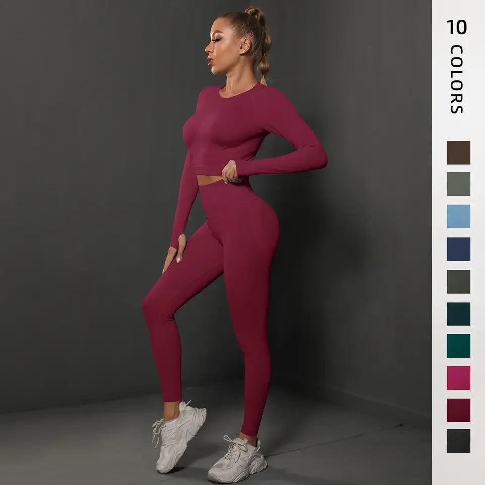 Hot Selling New Custom Logo Plus Size Seamless Activewear Set Long Sleeved Top Leggings 2 Piece Set Custom Yoga Set