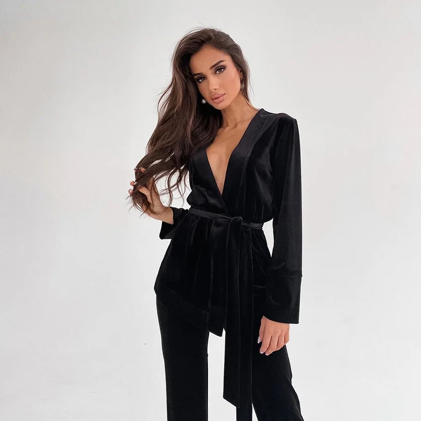 Velvet Pajamas 2PCS Women's Clothing Flannel Pajama Set Velvet Nightgown Sexy Winter Outfits Warm Sleepwear Robe