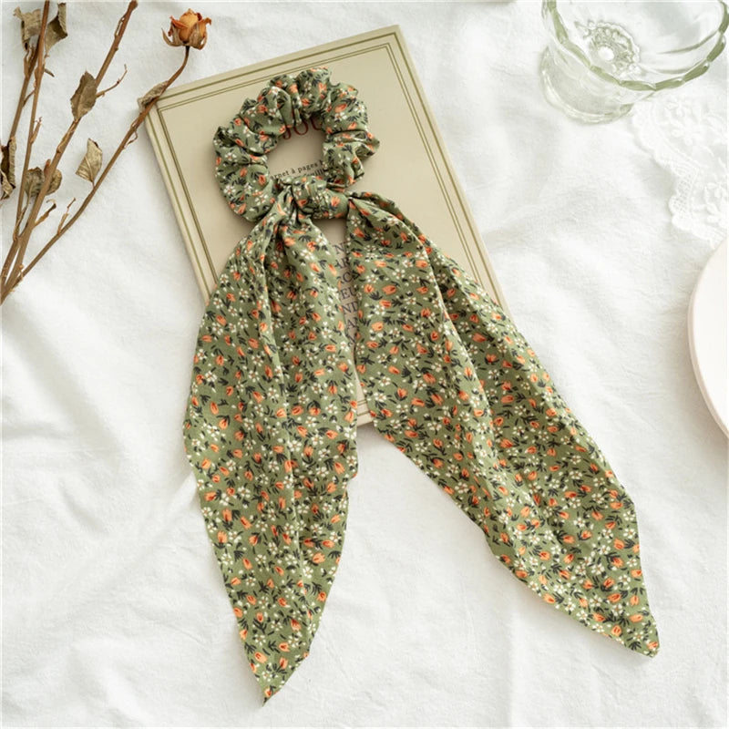 New Fashion Print Bow Scrunchies Hair Ribbon for Women Elastic Hair Band Girls Horsetail Hair Ties Hair Accessories