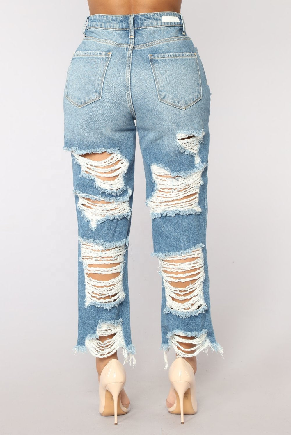 Versatile Wide Leg High Quality Jeans Pants Trousers Drawstring Blue Jean Pants for Women Destroyed Ripped Casual Jean Pants