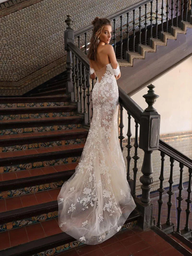 SoDigne Ivory Mermaid Wedding Dresses Off Shoulder Lace Appliques Backless Bridal Dress Luxury Sweep Tail Wedding Gown - My Store