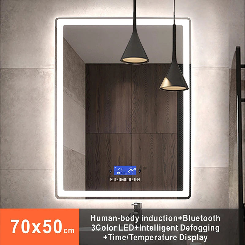 60x80cm Rectangle Bluetooth Smart Bathroom Makeup Mirror With LED Warm White Light Human Body Induction Anti-Fog Beauty Mirrors