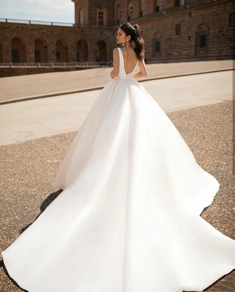 Simple 2022 Wedding Dresses Sexy v Neck Removable Long Sleeves Vintage Satin Wedding Gowns Backless Beach Bridal Dress - My Store