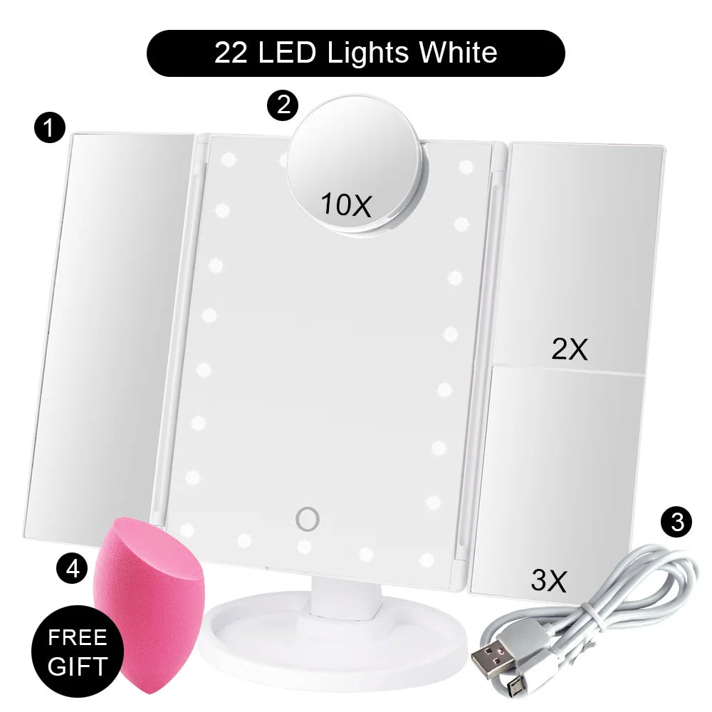 Touch Screen Makeup Mirror With 22 LED Light 1x/2x/3x/10x Magnifying Glass Compact Vanity Mirror Flexible Cosmetics Mirrors Make