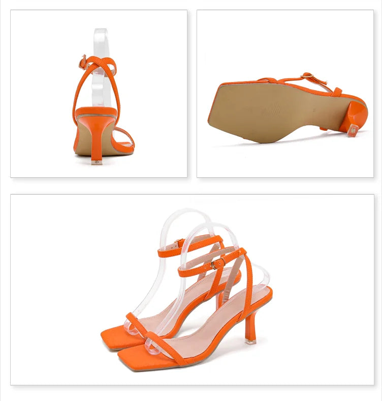 227-A2 New Arrival Summer Women Shoes Ankle Strap Mid-Heel Square Open Toe Heels Strap Women's Sandals High Heels