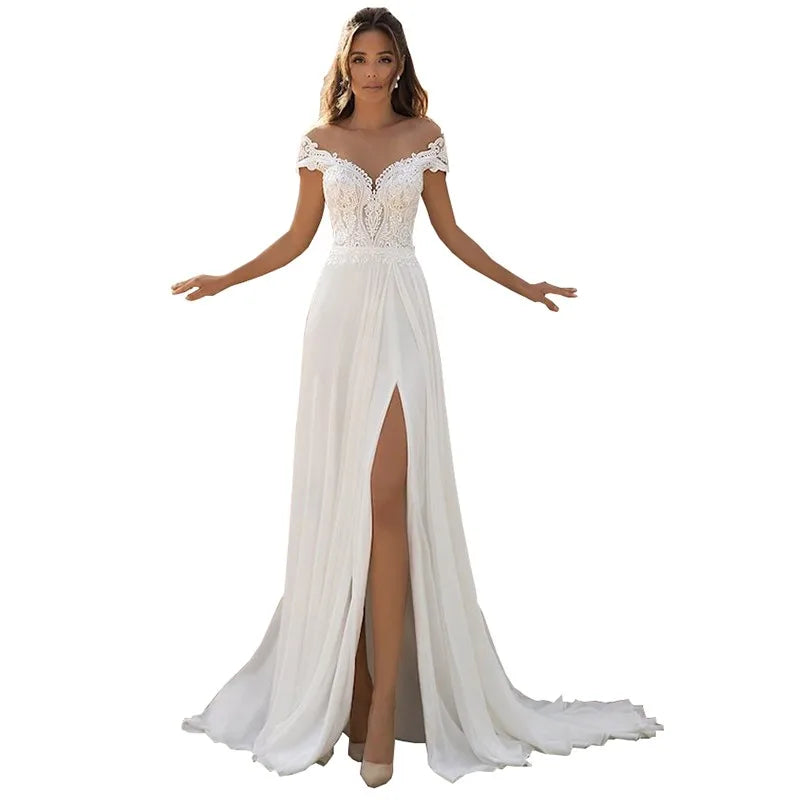 Sexy Off the Shoulder High Slit Light Wedding Dress 2021 Lace Boat Neck A-Line With Train Luxury Wedding Dresses Robe De Marie - My Store